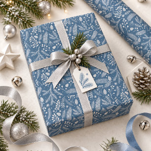 Papel De Presente Folhagem de Inverno Rústico-Chique em Azul Ardósia