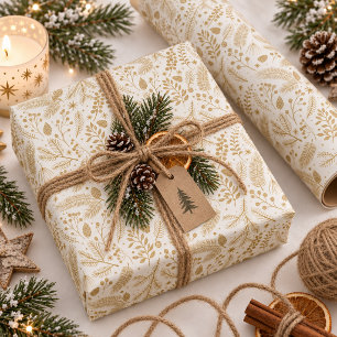 Papel De Presente Folhagem de Inverno Rústico-Chique Marfim Dourado
