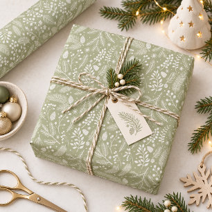 Papel De Presente Folhagem de Inverno Rústico-Chique Verde Salvia Ma