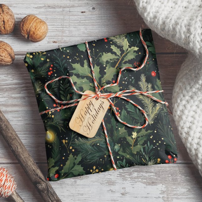 Papel De Presente Folhagem de Natal Holly Dark Winter Holiday (Criador carregado)