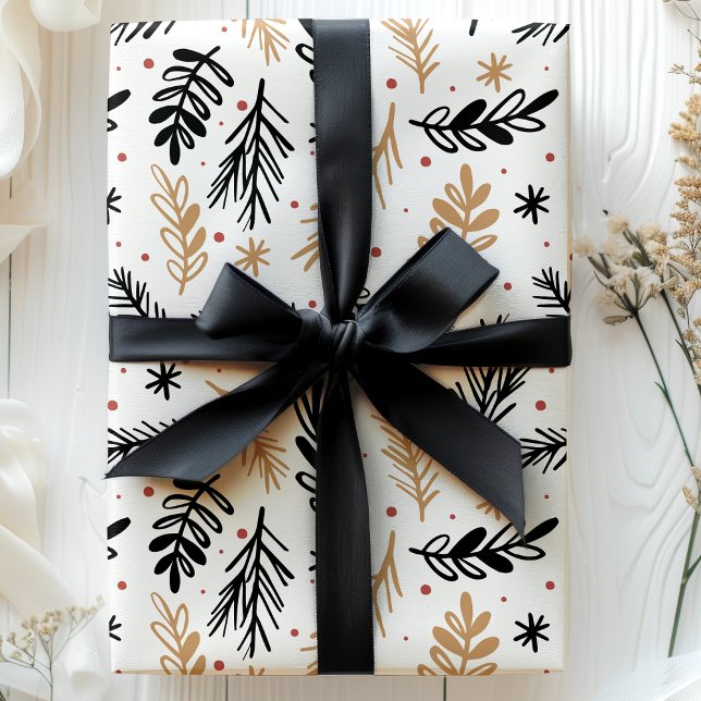 Papel De Presente Folhagem de Natal Preta e Dourada Moderna (Criador carregado)