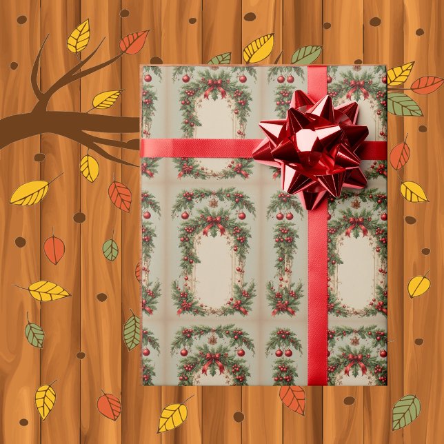 Papel De Presente Folhagem de Natal Vermelha de Azevinho Rústico  (Rustic Holly Red Berry Christmas Greenery Foliage Wrapping Paper)