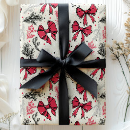 Papel De Presente Folhagem de Natal Vintage com Laços Vermelhos