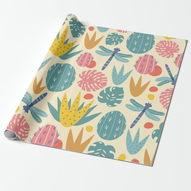 Papel De Presente Folhagem pré-histórica e libélulas (Desenrolado)