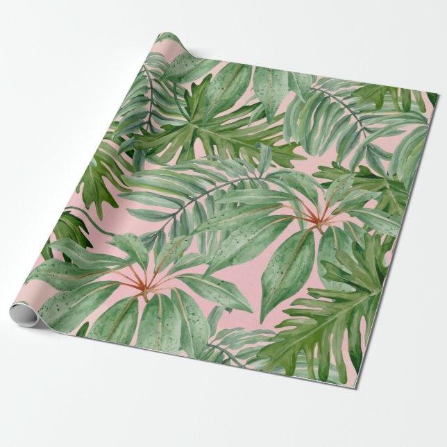 Papel De Presente Folhagem Rosa Trendente Folhagem Tropical Folha Fo (Desenrolado)