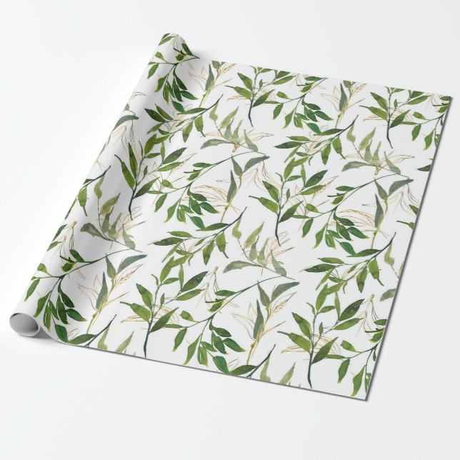 Papel De Presente Folhagem Verde Aguarela (Desenrolado)