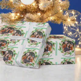 Papel De Presente Folhagem Verde Deixa Foto da Família Feliz Natal