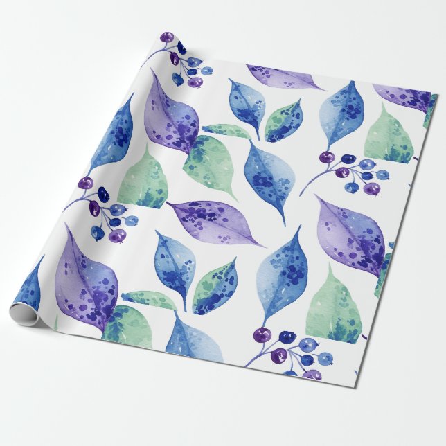 Papel De Presente Folhas azuis aquarela (Desenrolado)