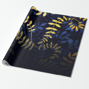 Papel De Presente Folhas Azuis e Douradas