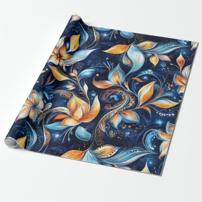 Papel De Presente Folhas azuis e Douradas de salsa Abstrato (2) (Desenrolado)