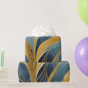 Papel De Presente Folhas azuis e douradas em abstrato
