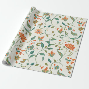 Papel De Presente Folhas Azul-Verde Vintage e Padrão Floral Laranja