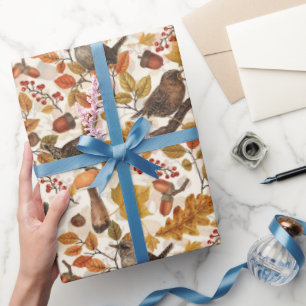 Papel De Presente Folhas, bagas, cogumelos e wrenes de outono