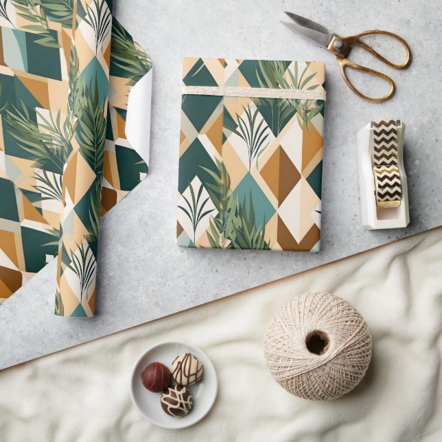 Papel De Presente Folhas Boho e Formas Geométricas (Artesanato)