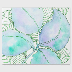 Papel De Presente Folhas Botânicas de Aguarela Verde Hortelã Lavanda