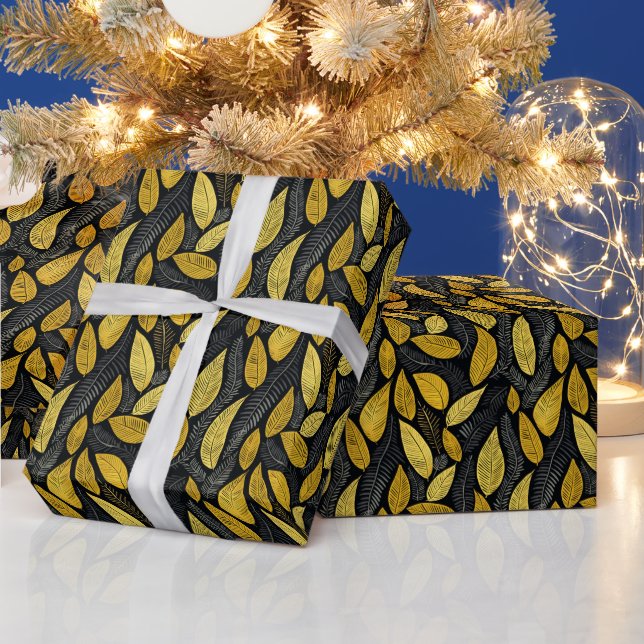 Papel De Presente Folhas Botânicas Pretas, Douradas e Cinzas Elegant (Feriados)