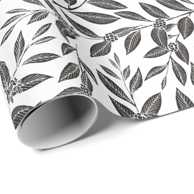 Papel De Presente Folhas da Árvore de Café Padrão Preto (Ponta do rolo)