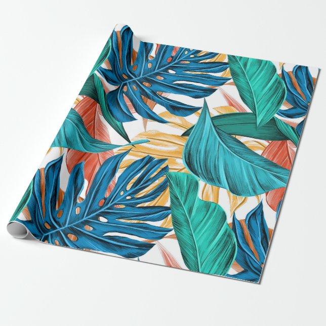 Papel De Presente Folhas da Selva Tropical Laranja Amarelo Verde da  (Desenrolado)