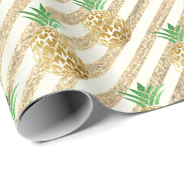 Papel De Presente Folhas de abacaxi tropical listras de ouro verdes
