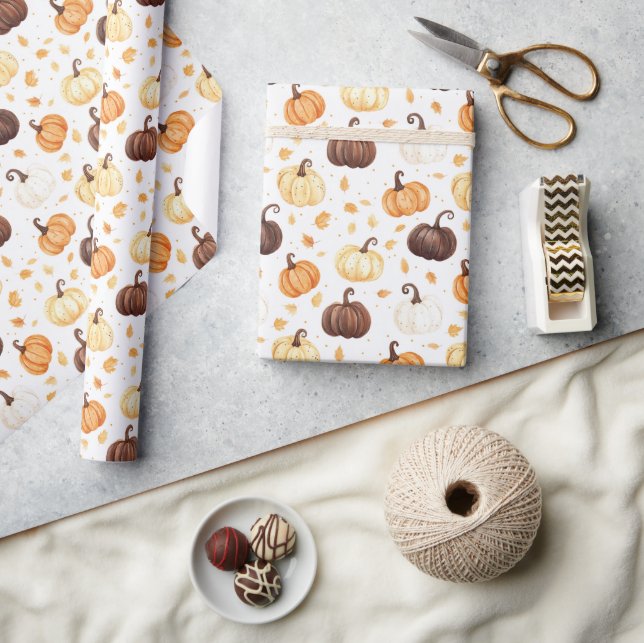 Papel De Presente Folhas de Abóboras Creme Laranja Marrom (Artesanato)
