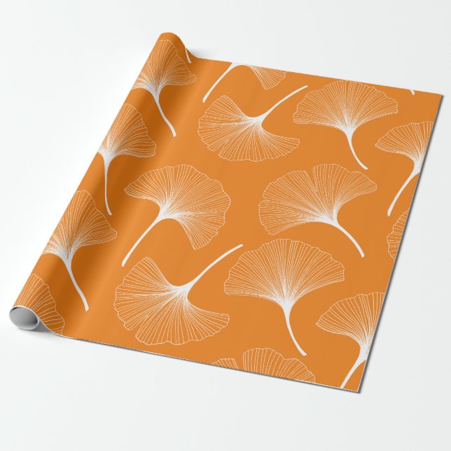 Papel De Presente Folhas de abstrato branco e laranja (Desenrolado)