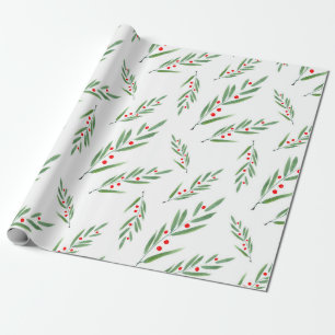 Papel De Presente Folhas de Aquarela e Padrão de Berries