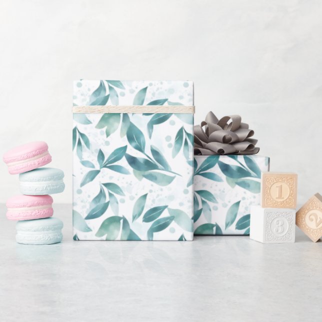 Papel De Presente Folhas de Aquarela Verde em Branco  (Chá de bebê)