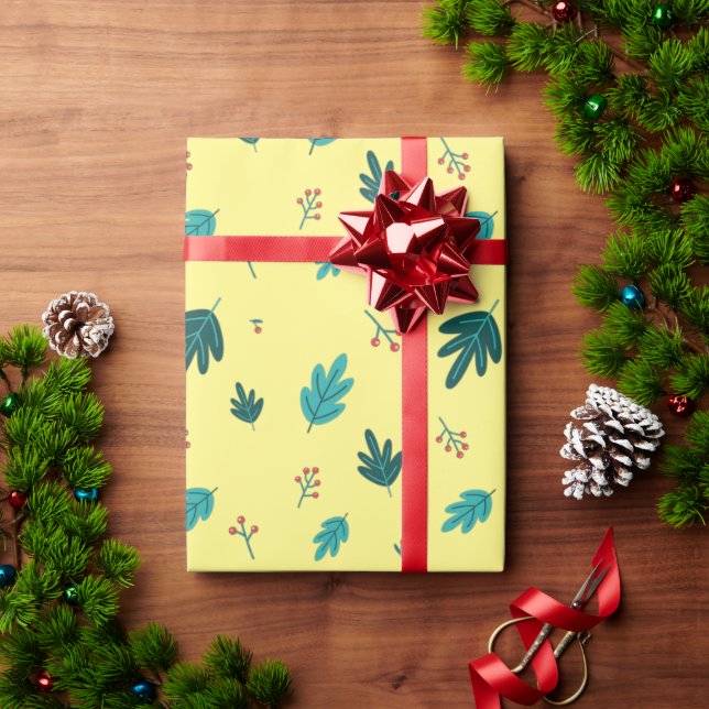 Papel De Presente Folhas de Árvore Evergreen e Berries Red Holly (Presente de Natal)