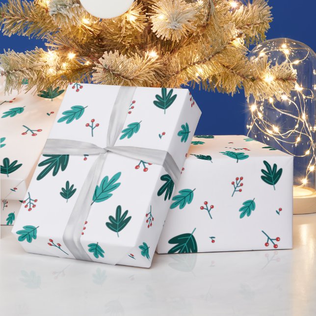 Papel De Presente Folhas de Árvore Evergreen e Berries Red Holly (Feriados)