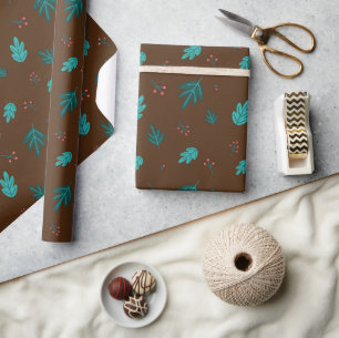Papel De Presente Folhas de Árvore Sempre Verde & Bagas Vermelhas de