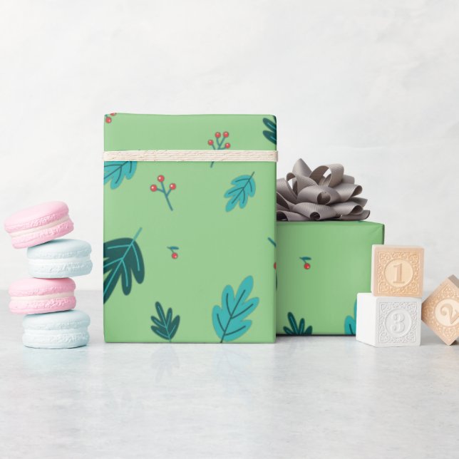 Papel De Presente Folhas de Árvore Sempre Verde & Bagas Vermelhas de (Chá de bebê)