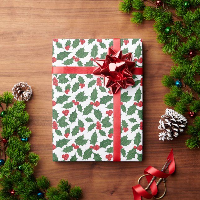 Papel De Presente Folhas de Azevinho & Bagas Vermelhas Natal Clássic (Presente de Natal)