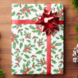 Papel De Presente Folhas de azevinho de Natal e bagas vermelhas e ve