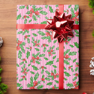 Papel De Presente Folhas de azevinho de Natal e bagas vermelhas e ve