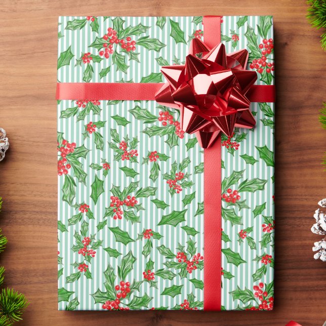 Papel De Presente Folhas de azevinho de Natal e bagas vermelhas e ve (Criador carregado)