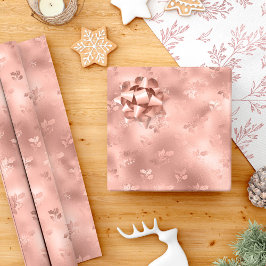 Papel De Presente Folhas de Azevinho de Natal em Rose Gold Elegantes