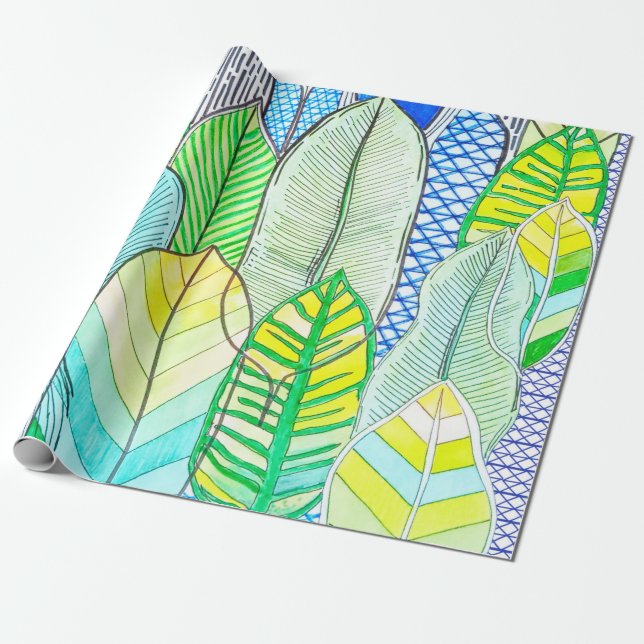 Papel De Presente Folhas de Boho Tropicais Modernas e Amarelas Verde (Desenrolado)