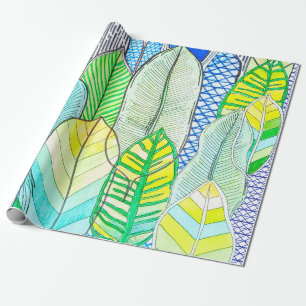 Papel De Presente Folhas de Boho Tropical Verde Amarelo