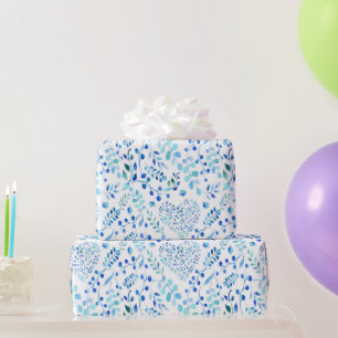 Papel De Presente Folhas de Cor Azul Bridal e Formas Cardíacas