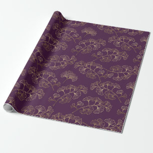 Papel De Presente Folhas de Ginkgo Douradas de Luxo em Roxo Fundo