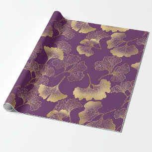 Papel De Presente Folhas de Ginkgo Douradas de Luxo em Roxo Fundo (4