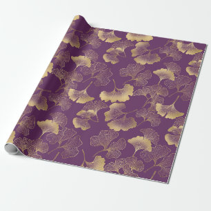 Papel De Presente Folhas de Ginkgo Douradas de Luxo em Roxo Fundo (7