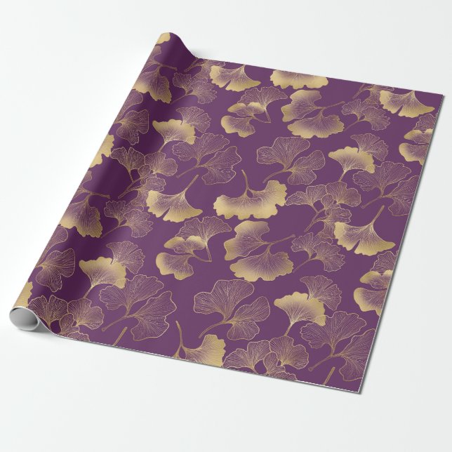 Papel De Presente Folhas de Ginkgo Douradas Roxas Botânica Elegante (Desenrolado)