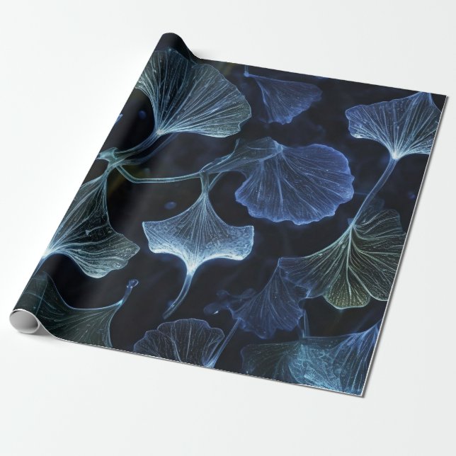 Papel De Presente Folhas de Ginkgo Luminograma Azul (Desenrolado)