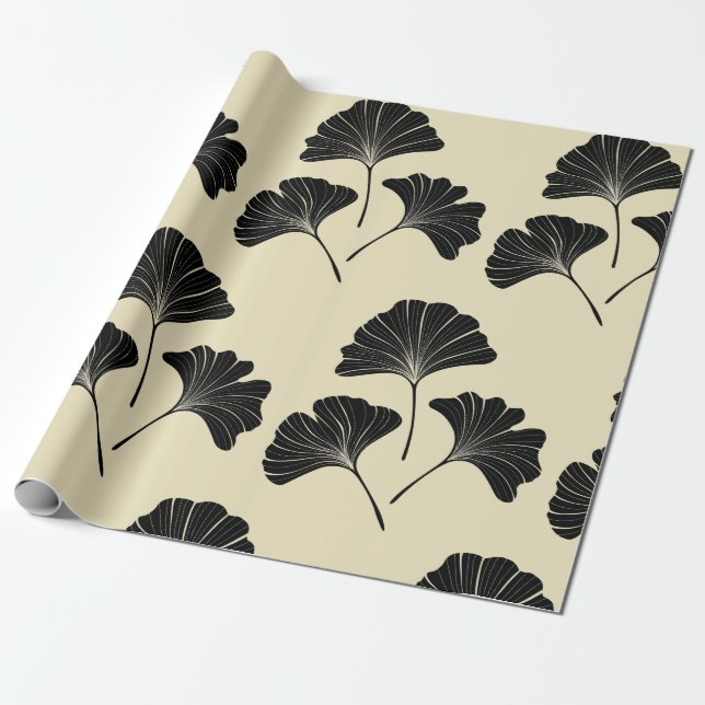 Papel De Presente Folhas de ginkgo preto Elegante (Desenrolado)