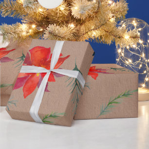 Papel De Presente Folhas de Inverno e Poinsettia em Cor Kraft Rústic