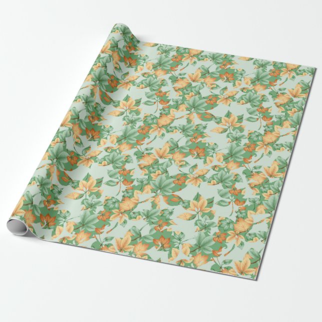 PAPEL DE PRESENTE FOLHAS DE LARANJA E VERDE (Desenrolado)