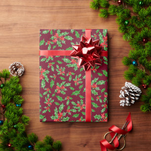 Papel De Presente Folhas de Natal e bagas vermelhas e verdes