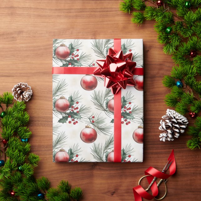 Papel De Presente Folhas de Natal e Bolas Vermelhas (Presente de Natal)
