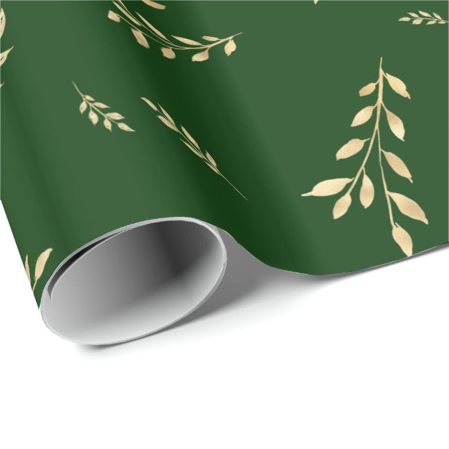 Papel De Presente Folhas de Ouro Verde Florestais Elegantes (Ponta do rolo)